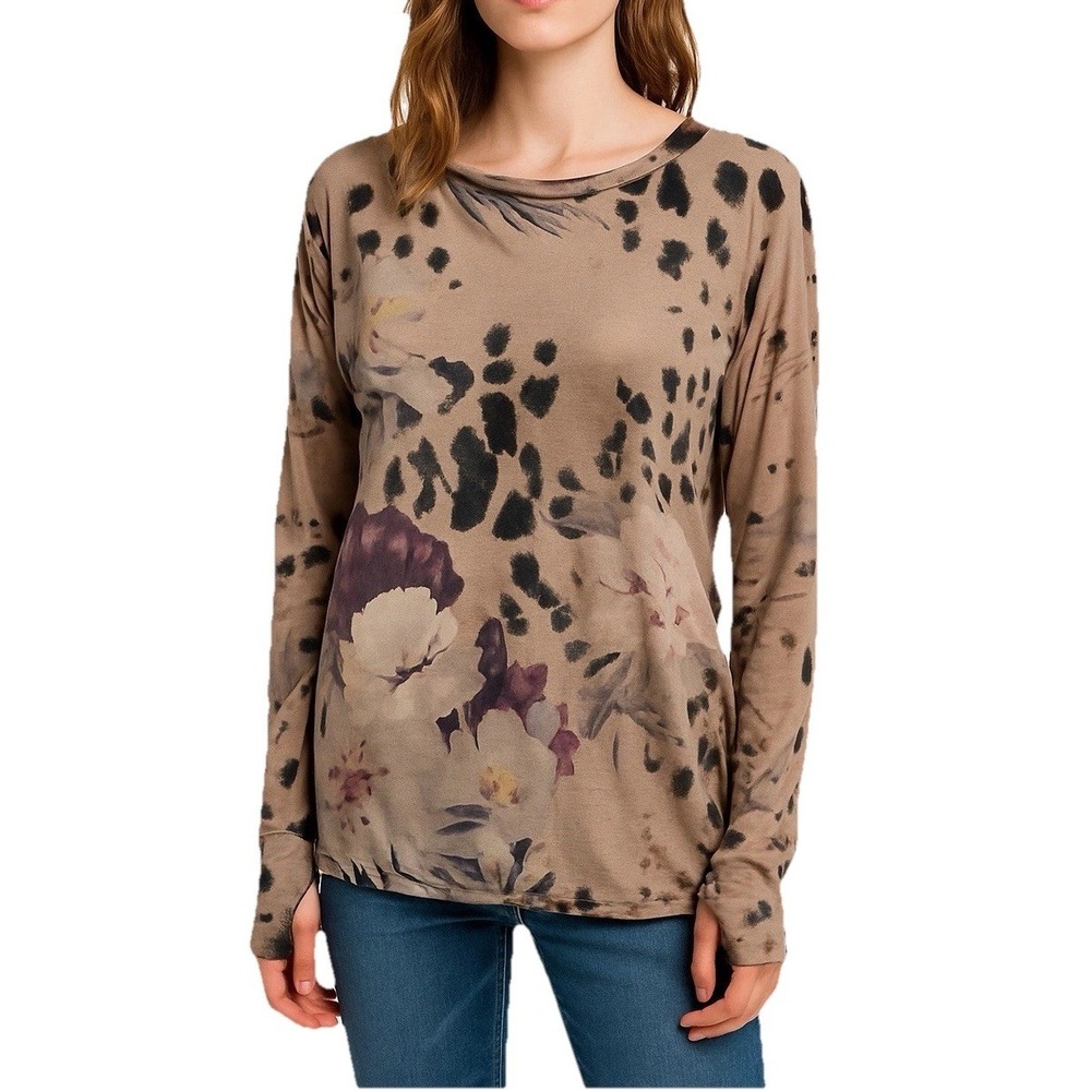 Bleamin Apparel Top Size S Brown Floral Leopard Print Long Sleeve